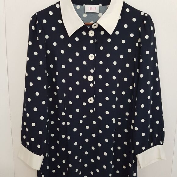 SAVOIA Classic Navy and White Polka Dot  Long Sleeve Dress with Cuffs - Picture 8 of 15
